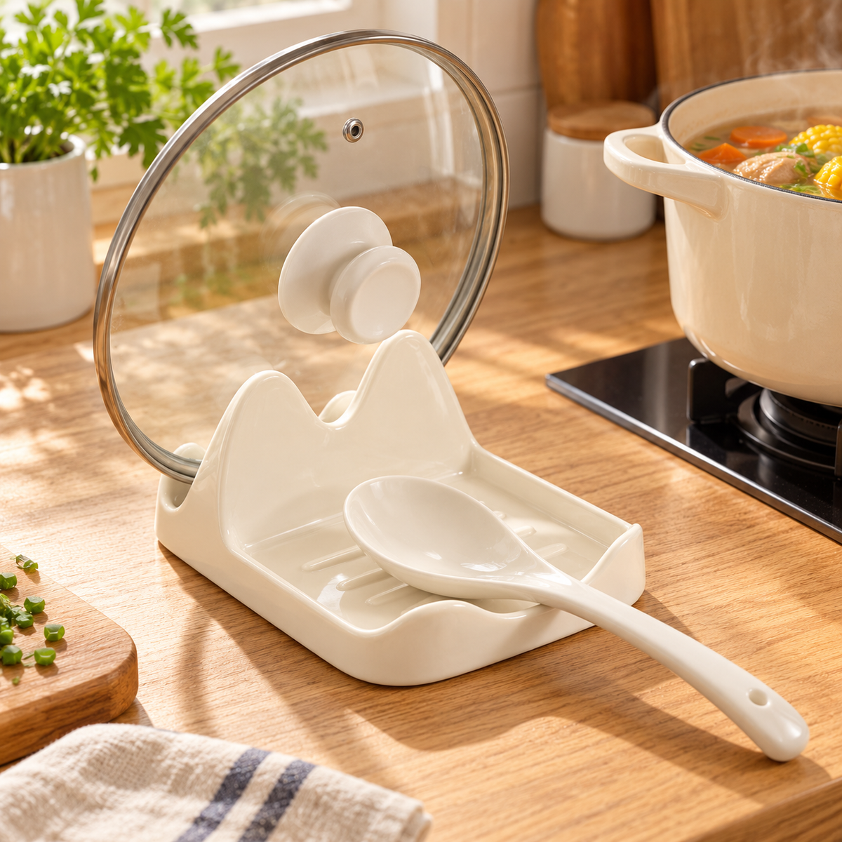 🍳 Ceramic Lid Rest | Kitchen | Cook's Gift | Ivory Waves