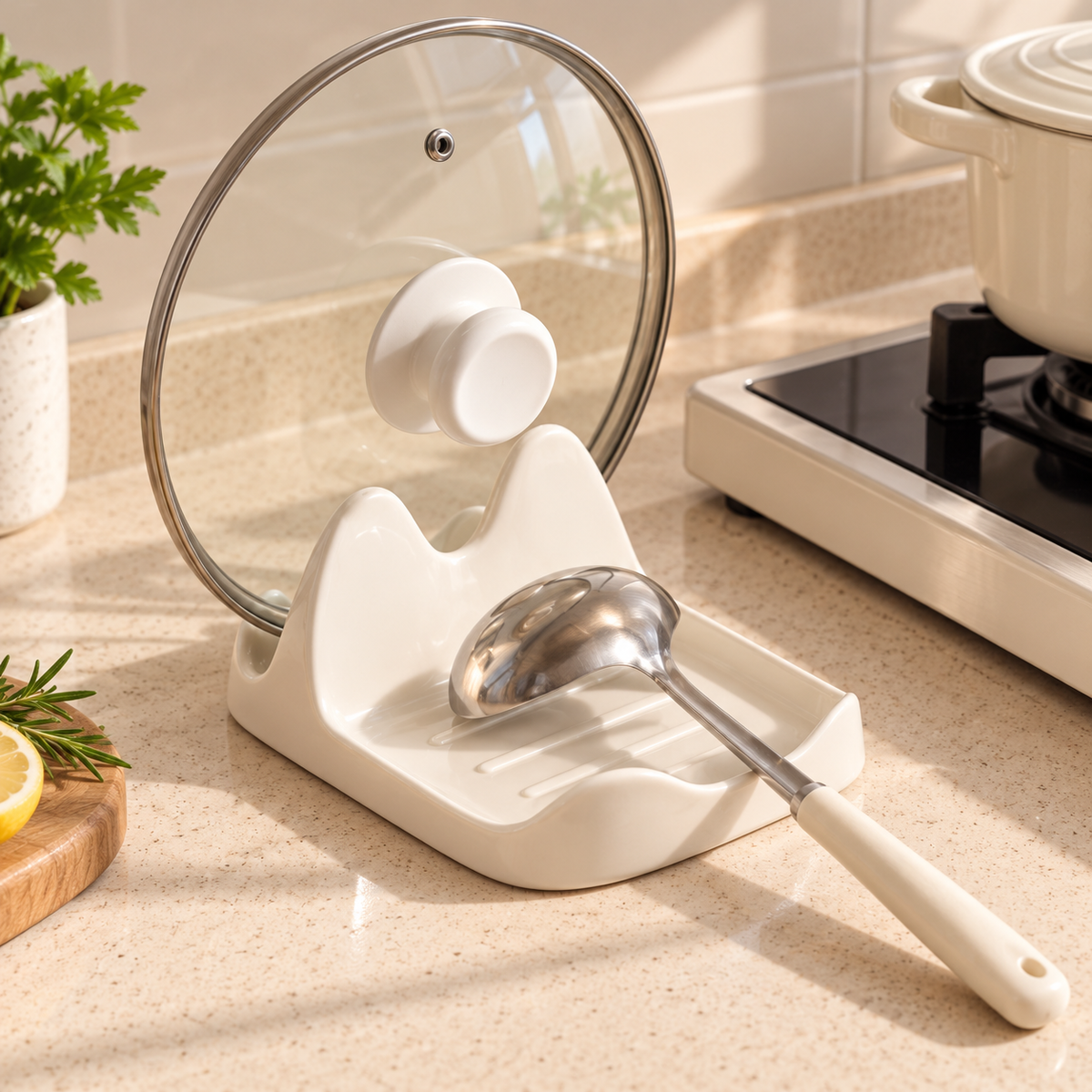 🍳 Ceramic Lid Rest | Kitchen | Cook's Gift | Ivory Waves