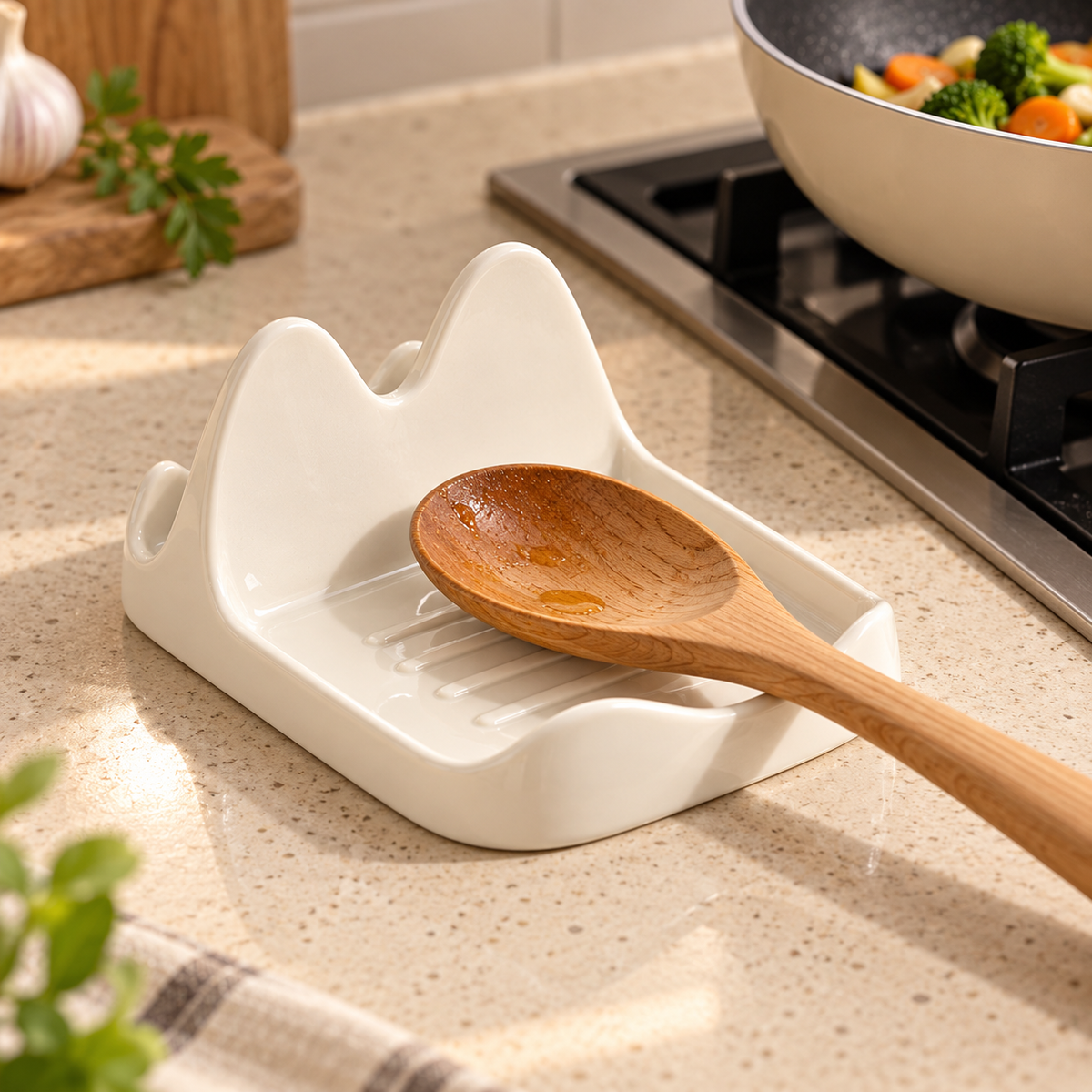 🍳 Ceramic Lid Rest | Kitchen | Cook's Gift | Ivory Waves