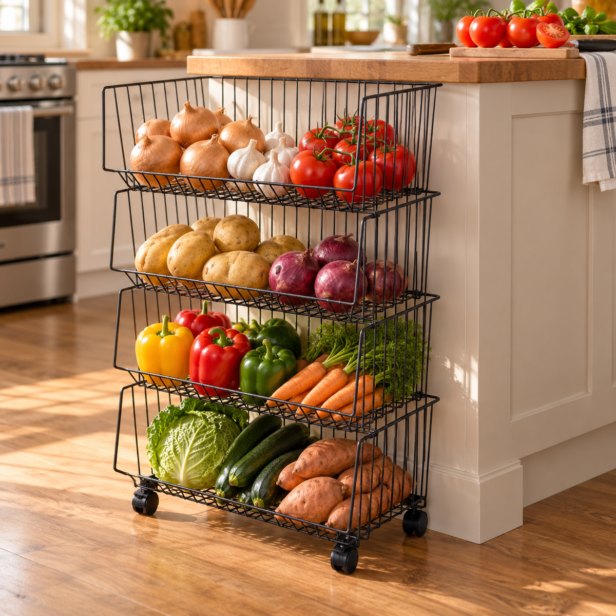 🥬 Produce Rack | Metal Kitchen | Cook's Gift | Four-Tier Organizer