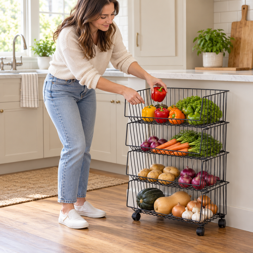 🥬 Produce Rack | Metal Kitchen | Cook's Gift | Four-Tier Organizer